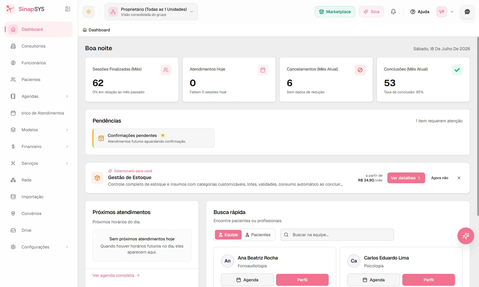 Dashboard atualizado do SinapSYS com indicadores da gestão da clínica